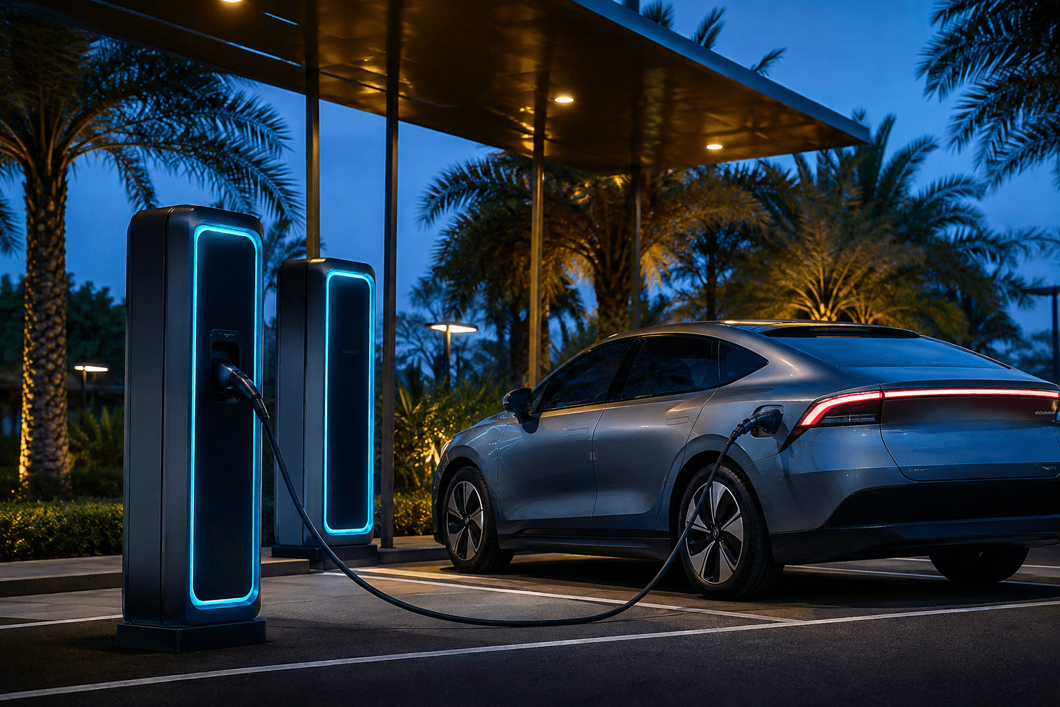 Concept EV charging bays with graphite chargers, a silver car and a contemporary canopy at blue hour