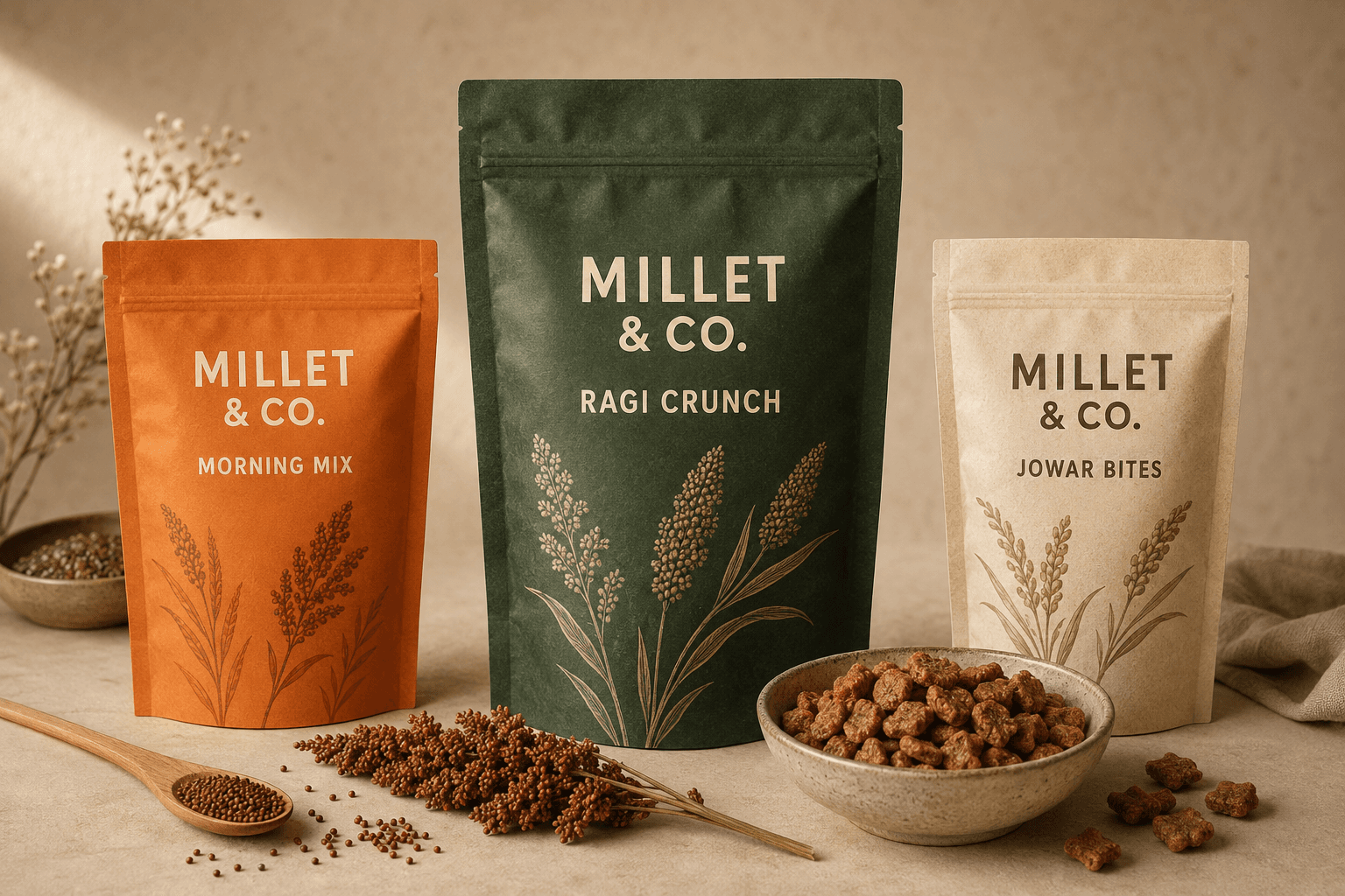 Millet & Co. Ragi Crunch, Morning Mix and Jowar Bites paper pouches with grains and a breakfast bowl