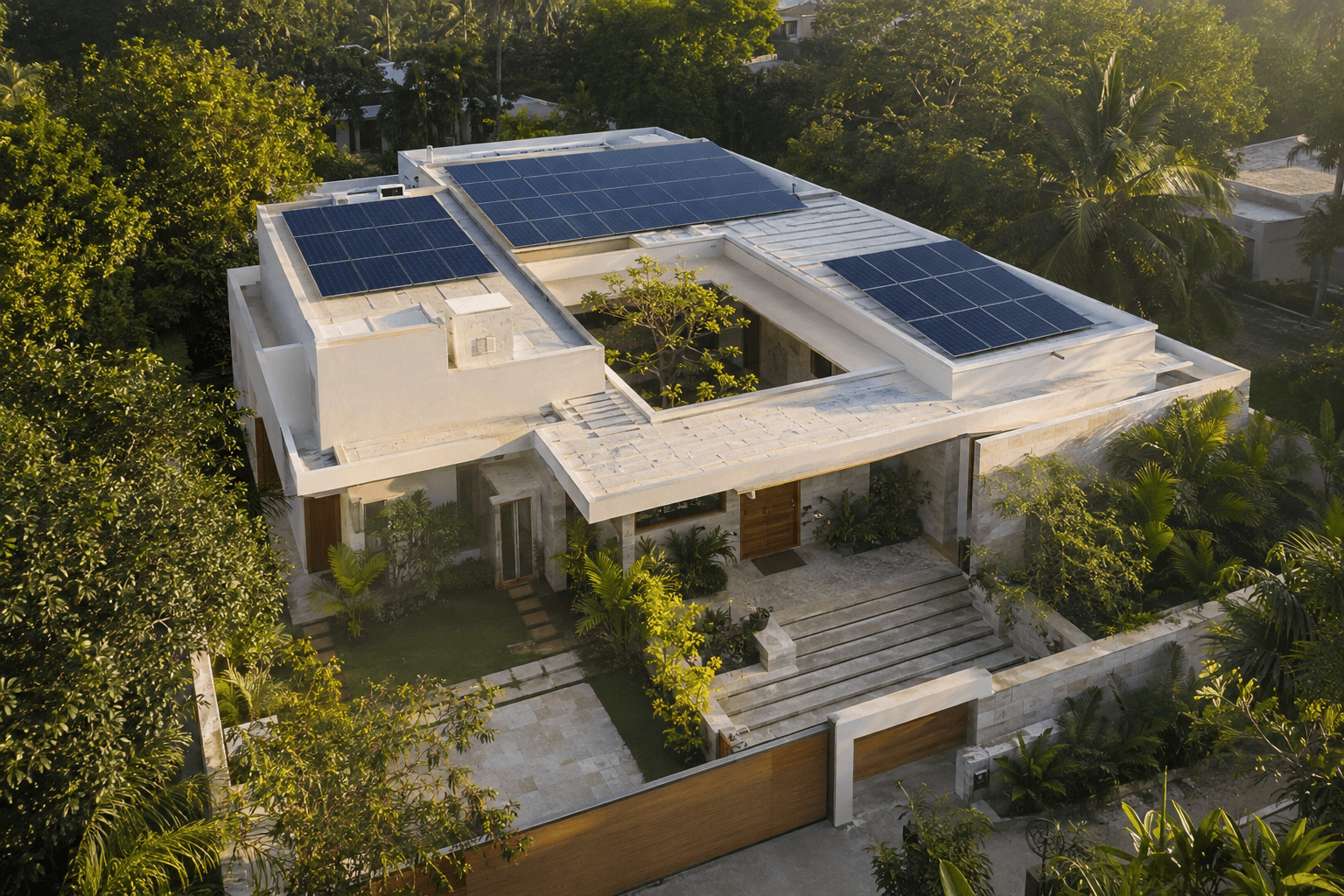 Contemporary South Indian courtyard home with rooftop solar panels and tropical greenery